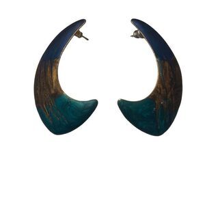 Modern Brass Patina Half Hoop Loop Earrings Blue Gold Green Pierced Jewelry